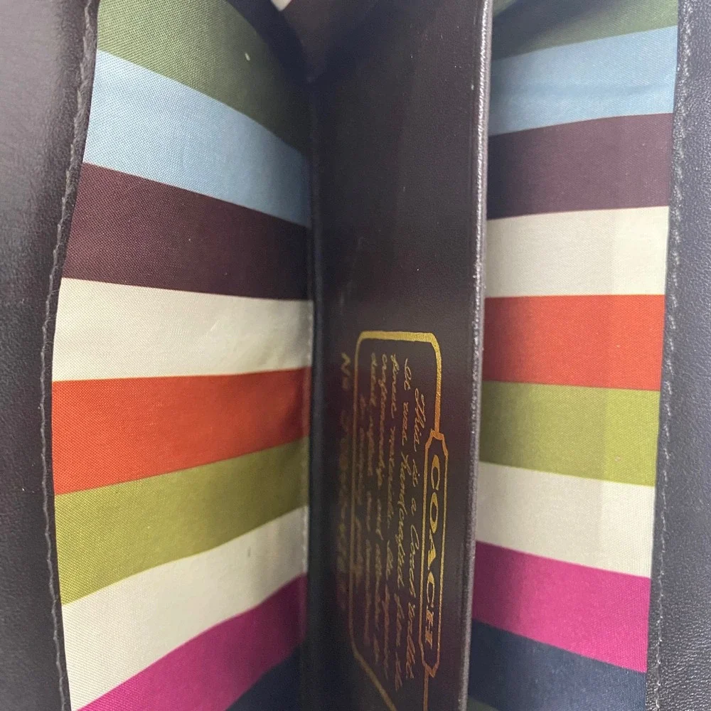 Coach Womens Brown Signature Canvas‎ Monogram Legacy Stripe Tri-Fold Wallet Snap